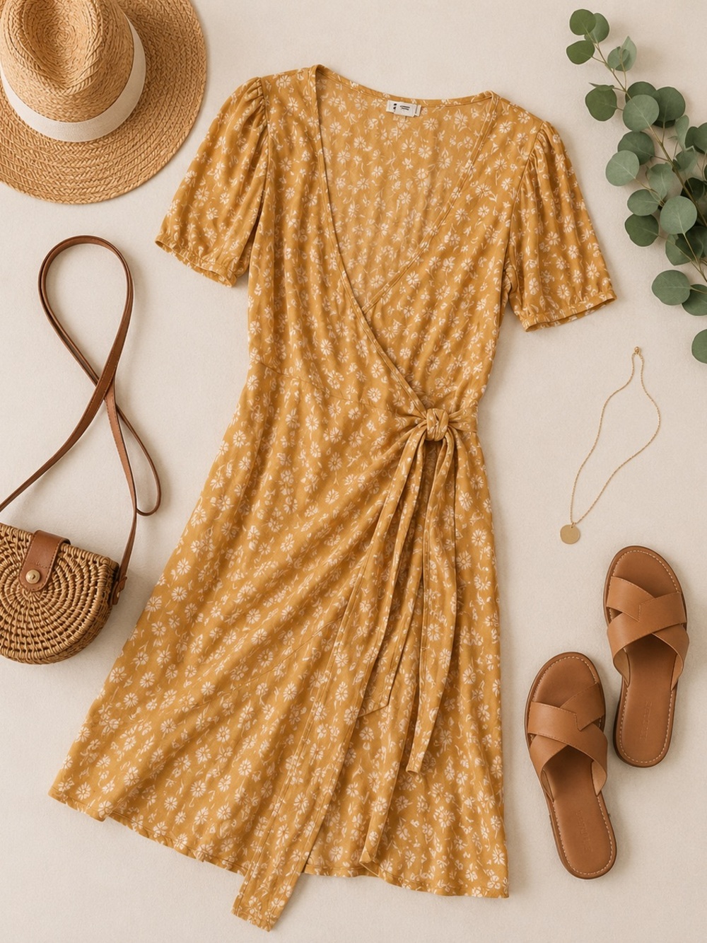 Billabong Mustard Floral Wrap Midi Dress